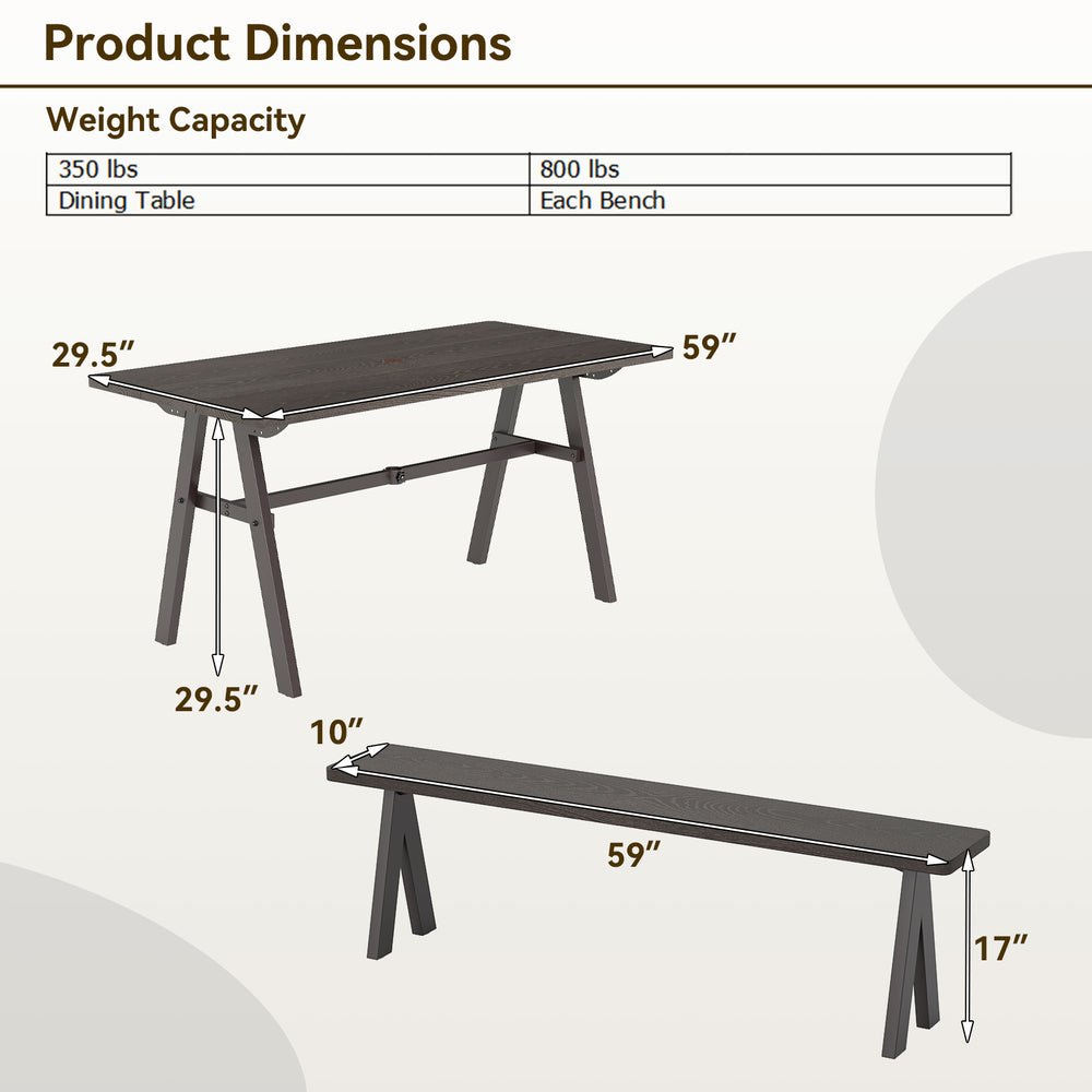 Dimensions chart for the 3 Pieces Outdoor Picnic Table and Benches Set, showing weight capacity and measurements for.
