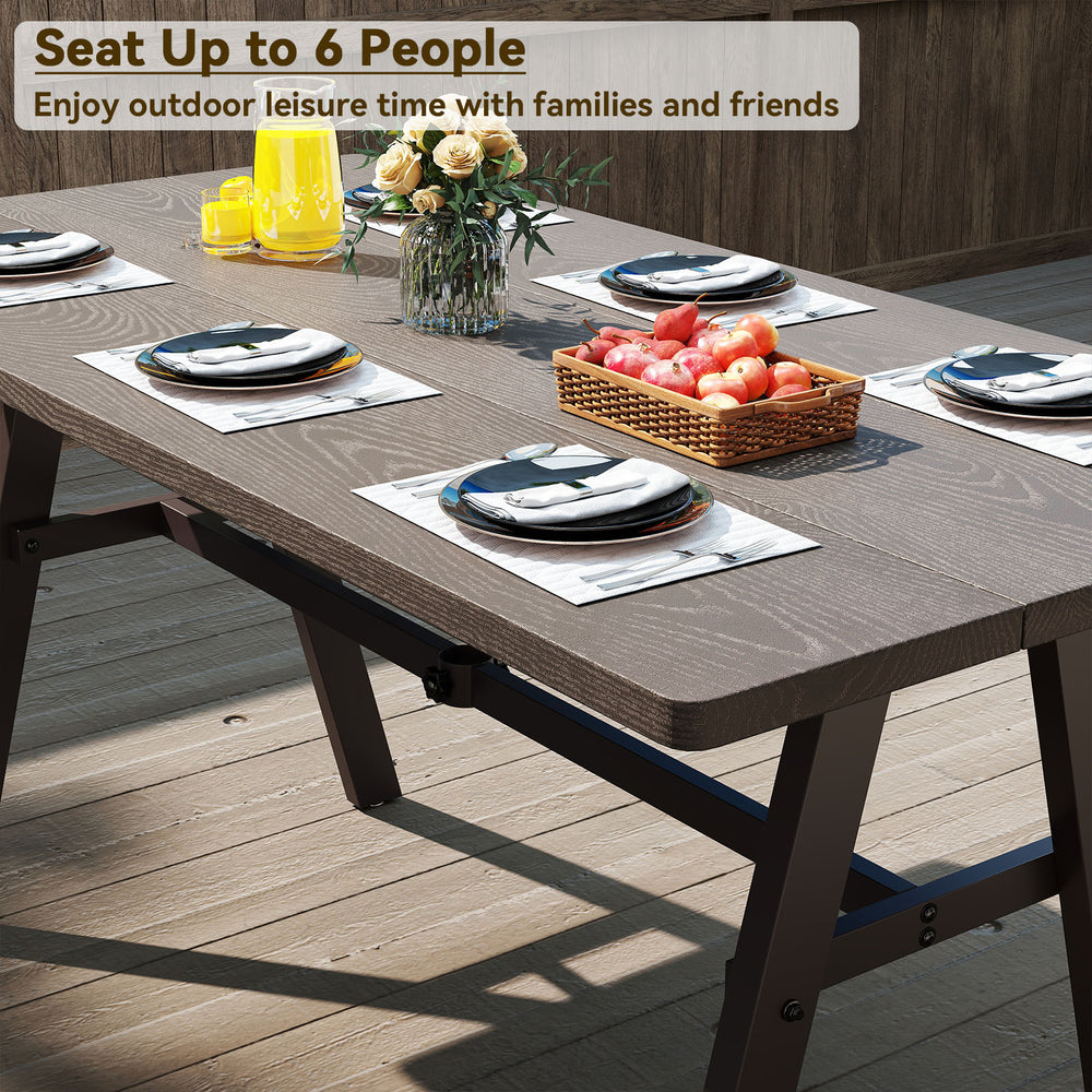 Outdoor picnic table set for 6 people with wood-like surface, adjustable foot pads, and umbrella hole for leisure.