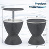 Gray outdoor rattan bar table with adjustable height, featuring a retractable tabletop and 8-gallon ice bucket capacity.