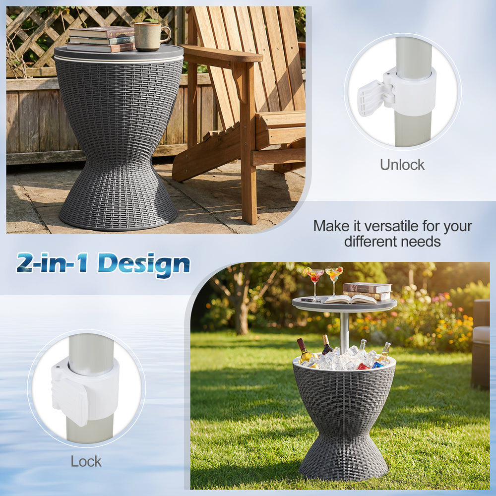 Gray outdoor rattan bar table with extendable tabletop, versatile for drinks and snacks, ideal for pool parties and.