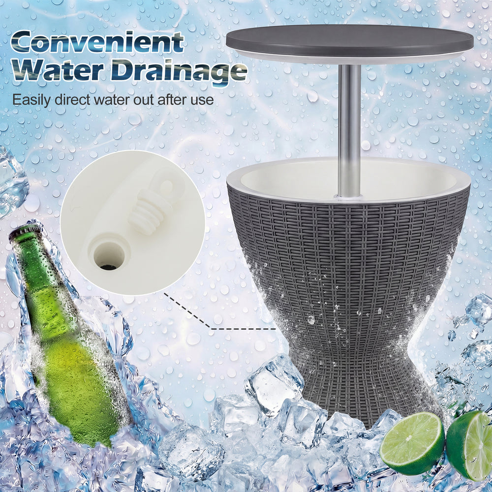 Gray outdoor rattan bar table with extendable tabletop, featuring a drainage hole for easy cleaning and 8-gal capacity.