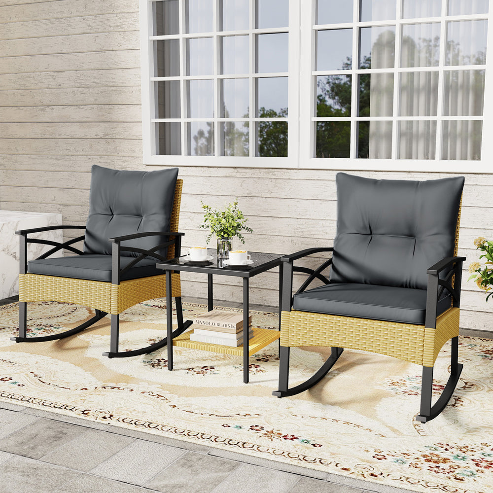 Gray outdoor rattan rocking chairs set with thick cushions and a 2-tier side table, perfect for garden relaxation.