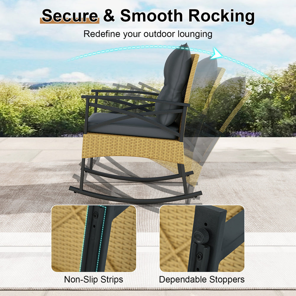 Gray outdoor rattan rocking chair with smooth rocking motion, anti-slip pads, and thick cushion for garden relaxation.