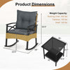 Gray rattan rocking chair with thick cushion and side table, featuring a tempered glass top for outdoor garden use.