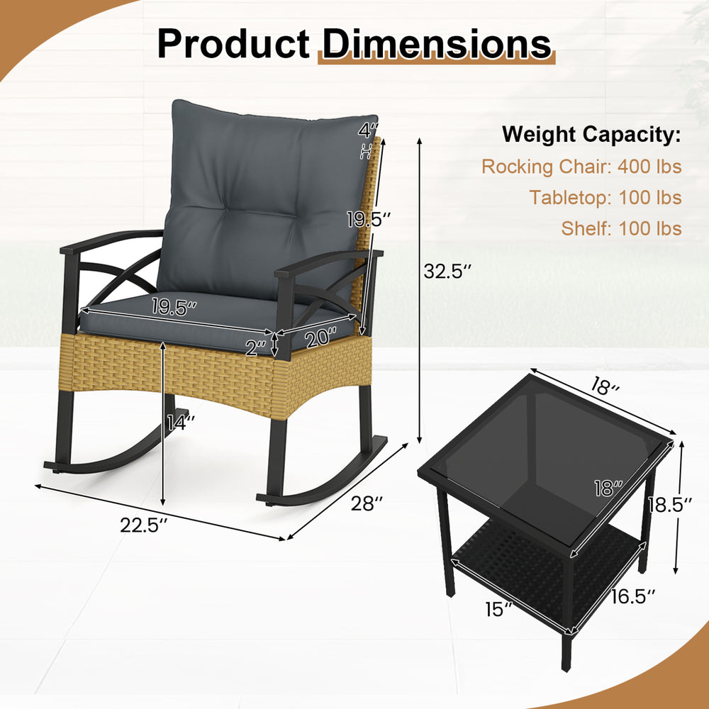 Gray rattan rocking chair with thick cushion and side table, featuring a tempered glass top for outdoor garden use.