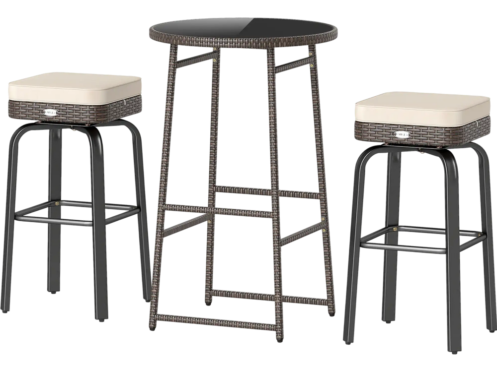 Outdoor swivel bar set featuring a PE rattan table and two chairs with cream cushions, perfect for patio relaxation.