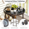 Tempered glass tabletop with premium suction cups on a PE rattan bar height table for outdoor patio use.