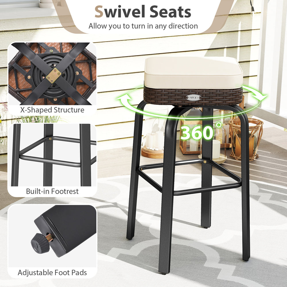 Swivel seat bar chair with PE rattan and sponge-filled cushion, ideal for outdoor patio use.