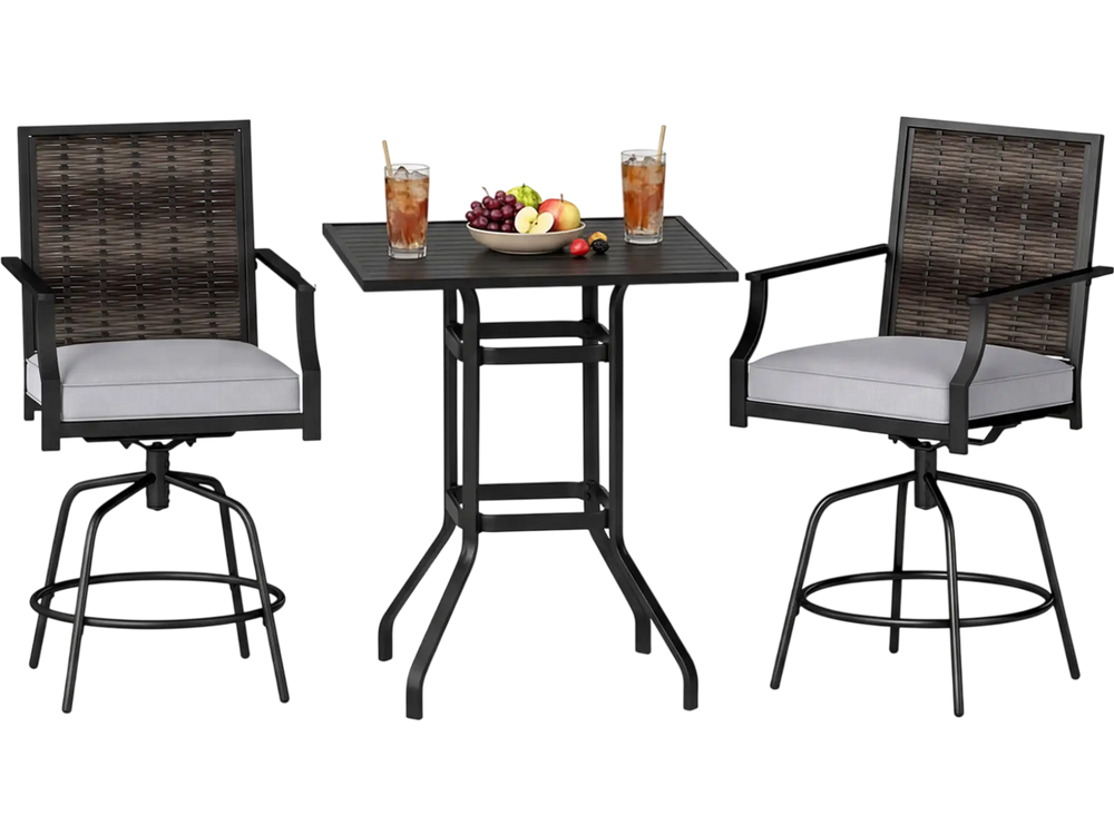 3 Pieces Outdoor Swivel Bar Set High Top Patio Bar Table and Rattan Wicker Chairs
