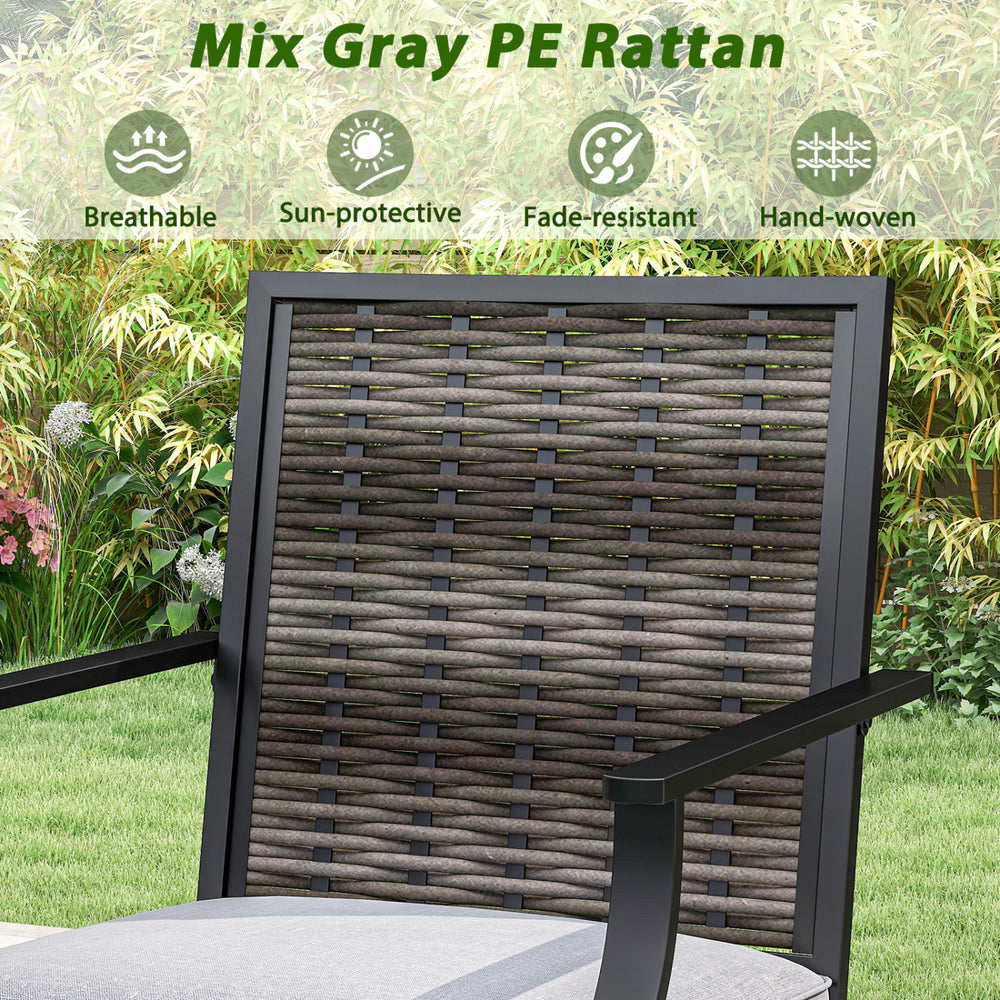 Hand-woven mix gray PE rattan chair backrest detail, featuring sun protection and fade resistance for outdoor use.