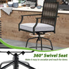 High top patio bar set featuring a 360° swivel rattan chair with soft cushion for outdoor relaxation and socializing.