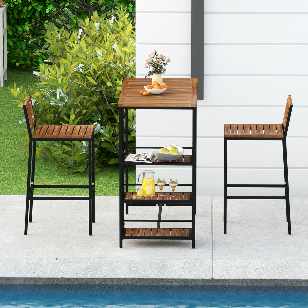 Outdoor wood bar set featuring acacia wood and metal frame, with a spacious tabletop and 3-tier storage shelf for patio.
