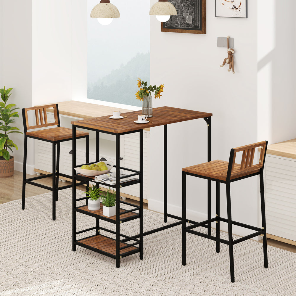 Outdoor wood bar set featuring a metal frame, spacious tabletop, and 3-tier storage shelf, perfect for backyard.
