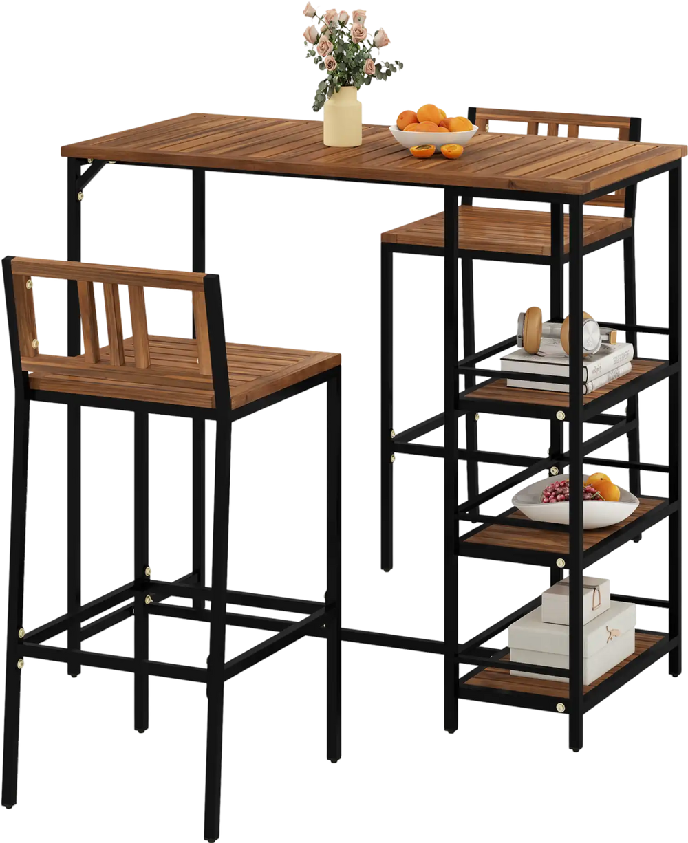 3 Pieces Outdoor Wood Bar Set with 3-Tier Storage Shelf and Metal Frame