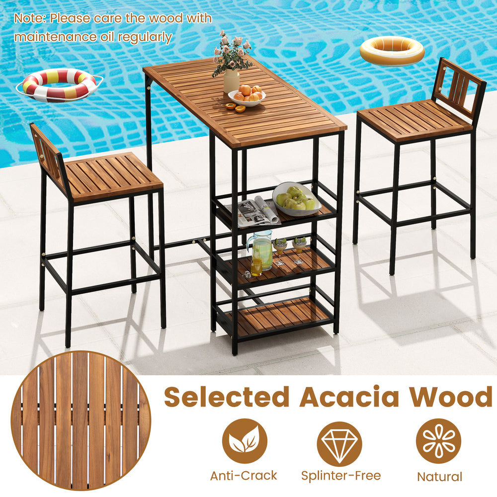 3-piece outdoor bar set featuring acacia wood table and metal frame, ideal for poolside or balcony use with storage.