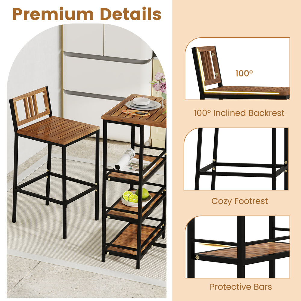 3-piece outdoor wood bar set featuring acacia wood, metal frame, inclined backrest, and 3-tier storage shelf for.