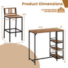 Outdoor wood bar set dimensions showing a bar table and chair with acacia wood and metal frame for backyard use.