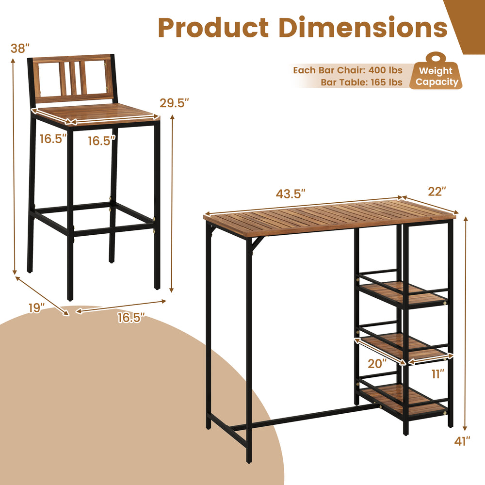 Outdoor wood bar set dimensions showing a bar table and chair with acacia wood and metal frame for backyard use.