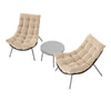 Two cushioned beige Papasan chairs with a round side table, perfect for outdoor patio relaxation.