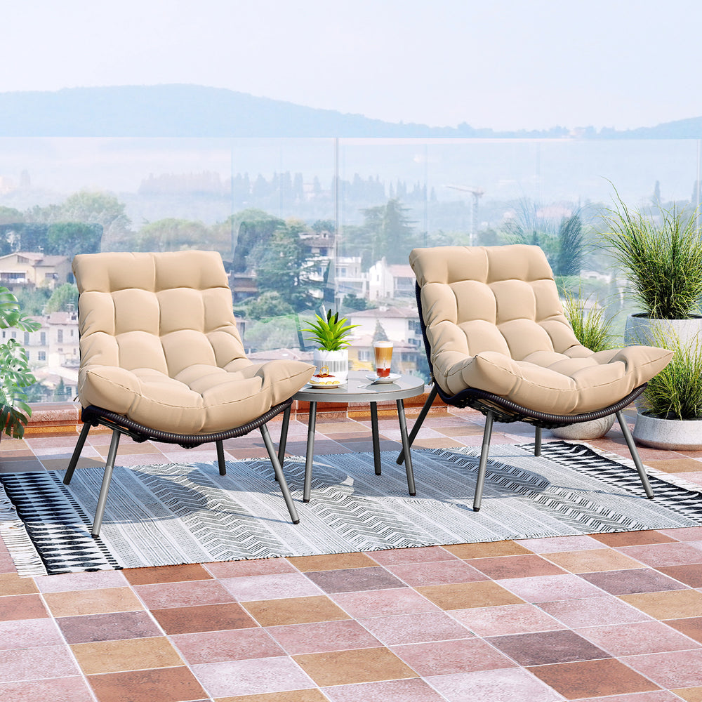 Two cushioned papasan chairs in beige with a side table, perfect for outdoor patio relaxation and stylish lounging.