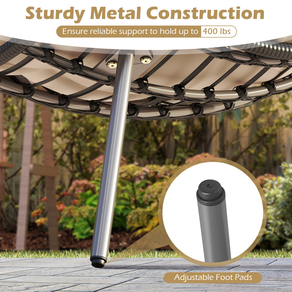 Close-up of sturdy metal construction with adjustable foot pads, supporting up to 400 lbs for the PE rattan.