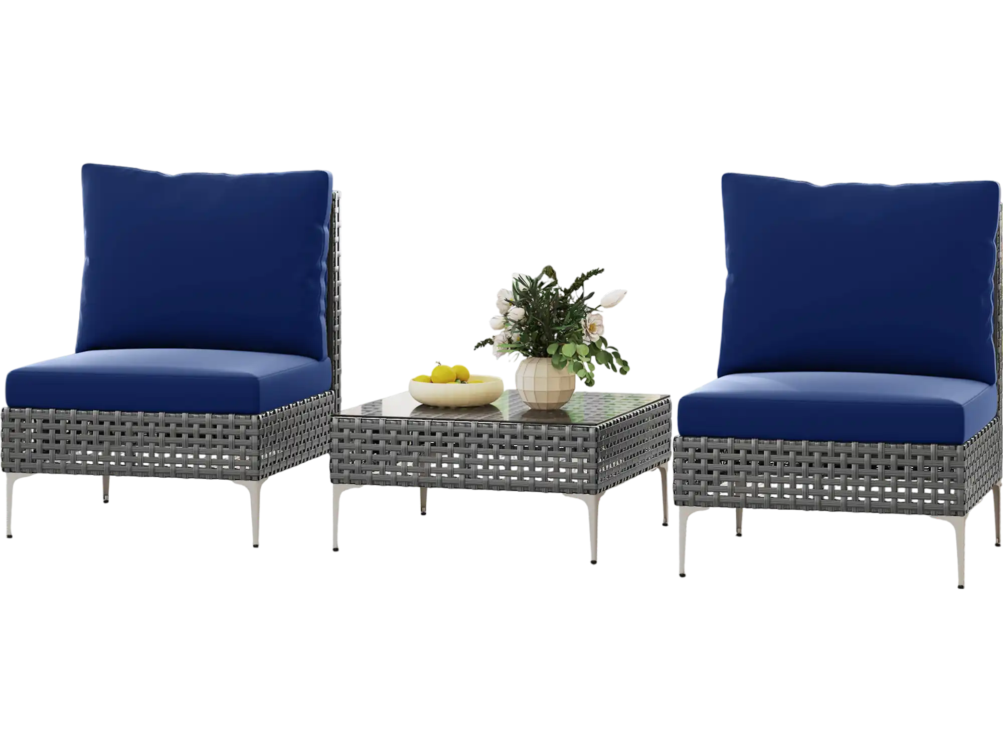 Costway 3-Piece PE Rattan Patio Conversation Set Chairs Glass Coffee Table Navy 596271348 New