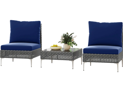 Costway 3-Piece PE Rattan Patio Conversation Set Chairs Glass Coffee Table Navy 596271348 New