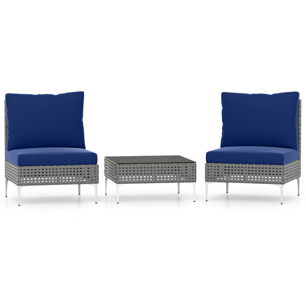Two navy blue cushioned conversation chairs with a tempered glass coffee table, made of durable PE rattan for outdoor.