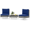 Navy blue PE rattan conversation chairs with tempered glass coffee table, perfect for garden or porch relaxation.