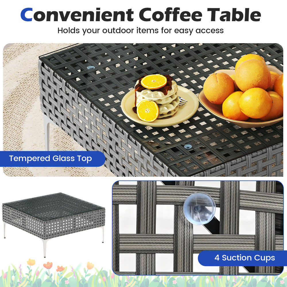 Tempered glass top coffee table with PE rattan design and suction cups, perfect for outdoor patio use.