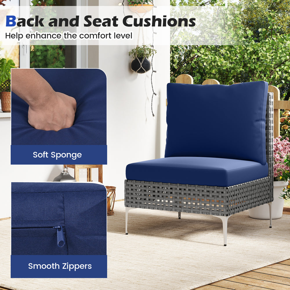 Navy back and seat cushions with smooth zippers on a PE rattan chair, designed for comfort in outdoor spaces.