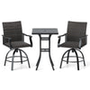 Three-piece PE wicker patio swivel bar set with black aluminum frame, featuring comfortable padded seats and a 360°.