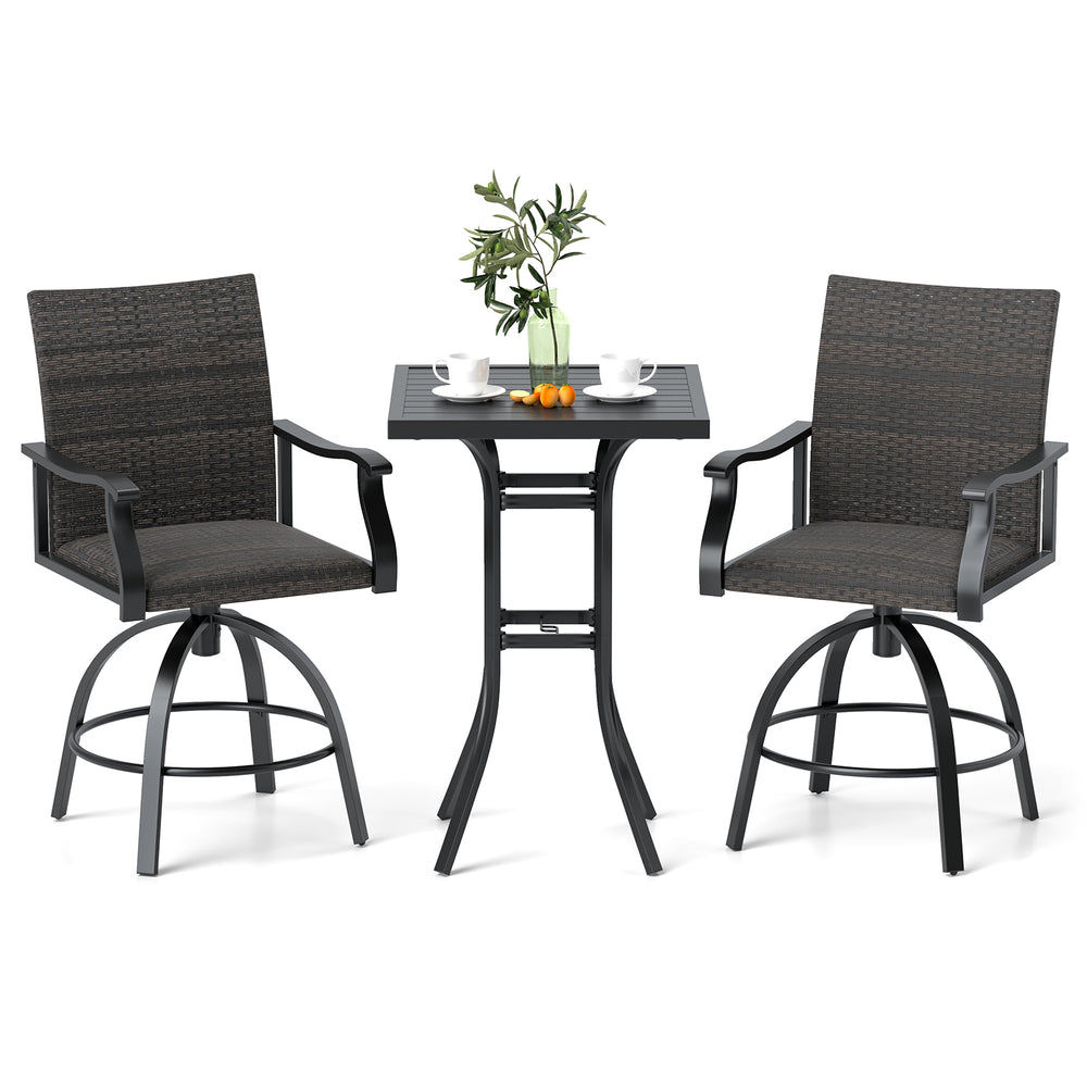 3-piece PE wicker patio swivel bar set with black aluminum frame, featuring padded seats and 360° swivel for comfort.
