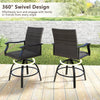 Two 3-piece PE wicker patio swivel bar stools with ergonomic design and quick-drying foam for outdoor relaxation.