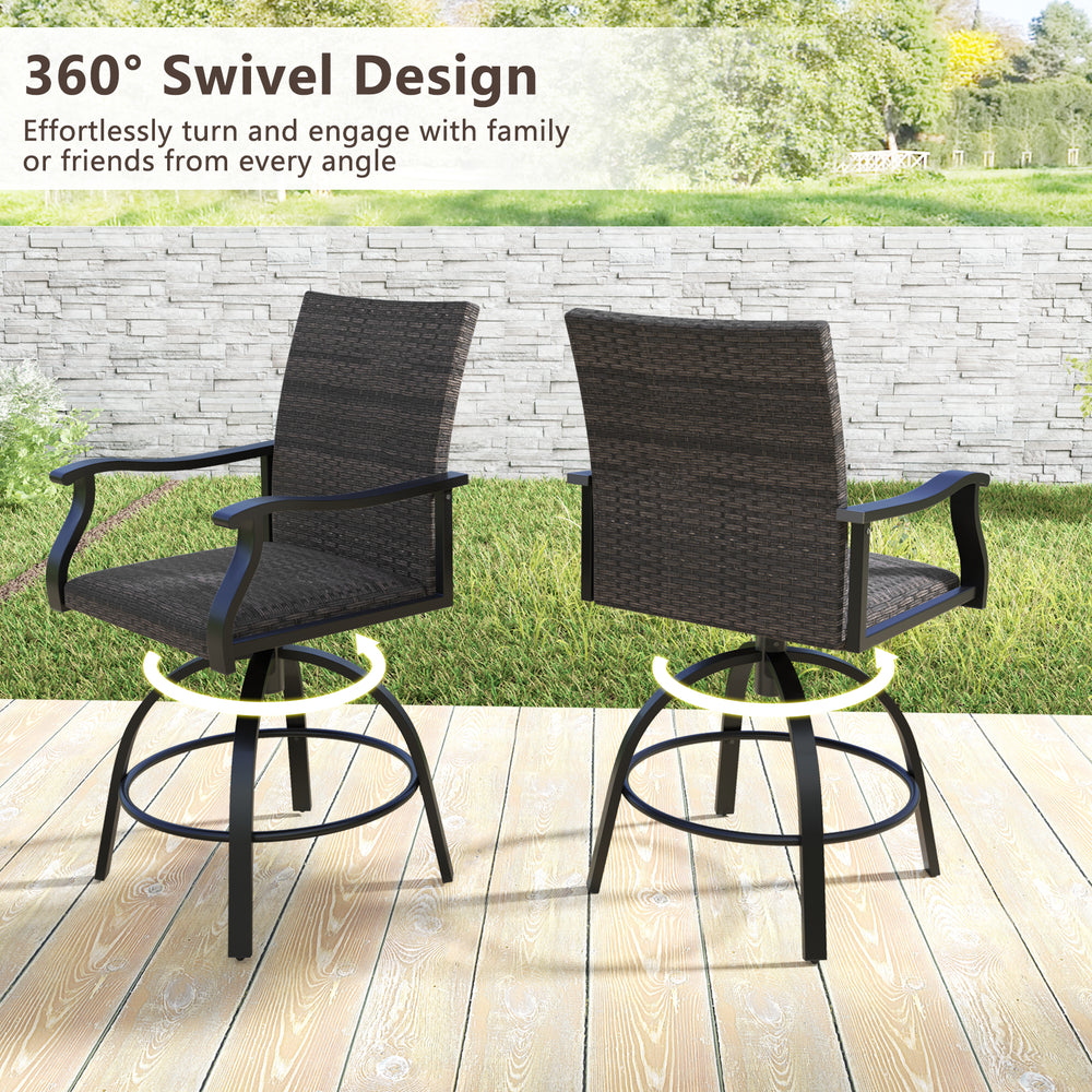 Two 3-piece PE wicker patio swivel bar stools with ergonomic design and quick-drying foam for outdoor relaxation.