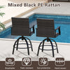 Two swivel bar stools in mixed black PE rattan, featuring padded seats and armrests, ideal for patio relaxation.