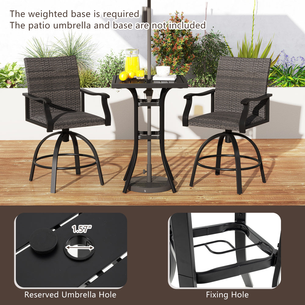 3-piece PE wicker patio swivel bar set with black aluminum frame, featuring 360° swivel seats and a reserved umbrella.