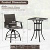 Swivel bar set featuring a black PE wicker chair and table, with quick-drying foam, ideal for patio relaxation.