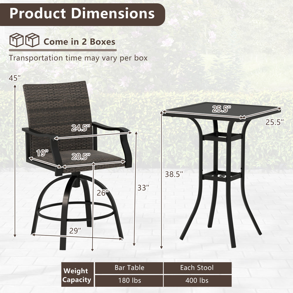 Swivel bar set featuring a black PE wicker chair and table, with quick-drying foam, ideal for patio relaxation.