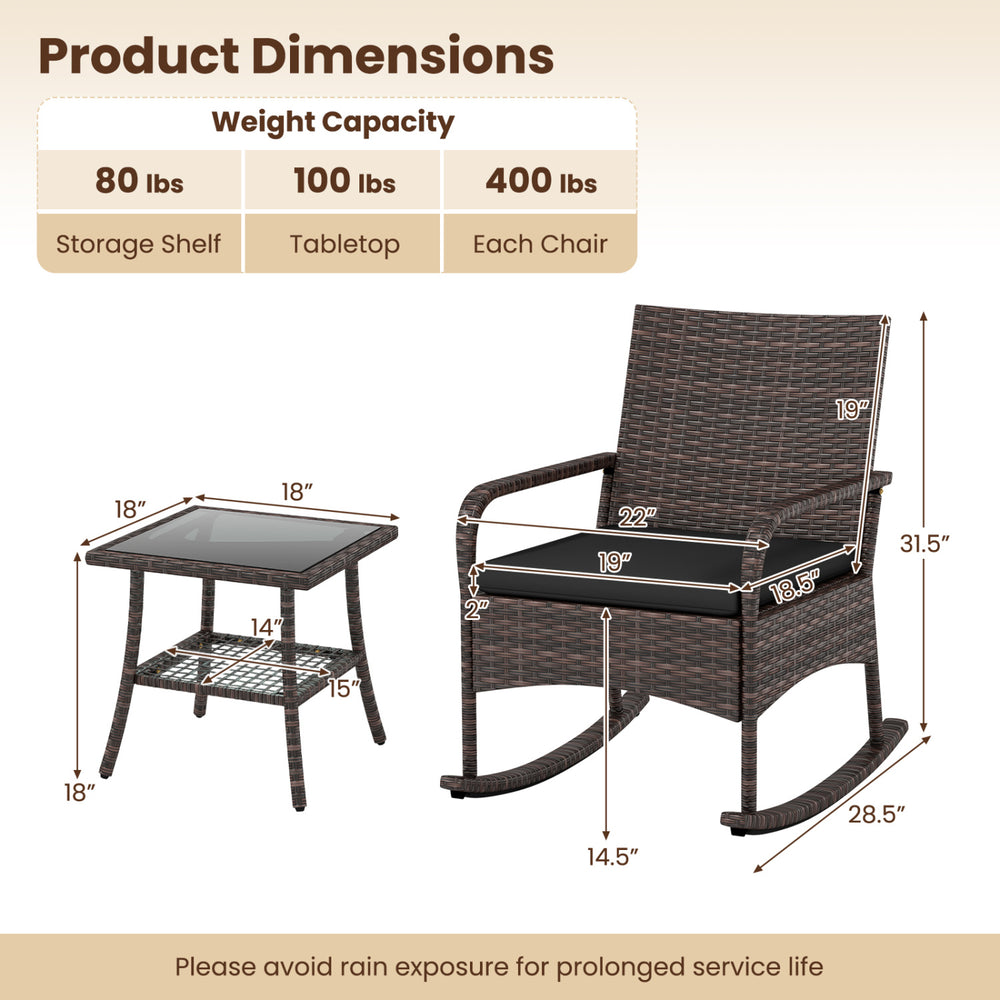 Rocking bistro set featuring two ergonomic armchairs and a 2-tier side table with a tempered glass top for outdoor relaxation.