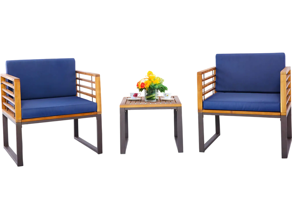 Navy cushioned armchairs and coffee table in a 3-piece patio acacia wood conversation set for outdoor relaxation.
