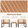 Close-up of solid acacia wood texture from a 3-piece patio conversation set, featuring cushioned armchairs and a coffee.