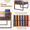 Acacia wood armchair with navy cushion and rustproof metal frame, designed for outdoor patio comfort and stability.