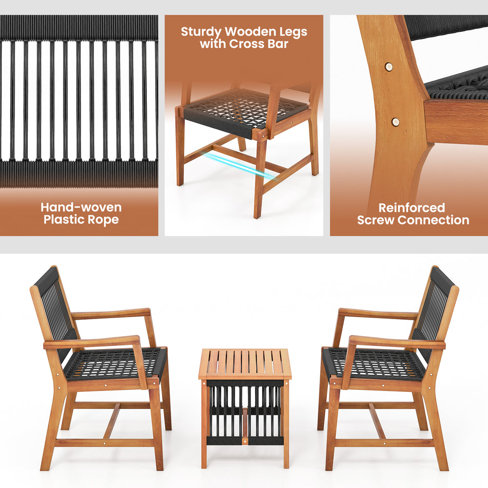 Acacia wood patio armchair with hand-woven plastic rope and sturdy legs, ideal for outdoor relaxation on the porch or.