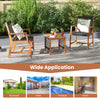 Acacia wood patio furniture set featuring two armchairs and a coffee table, ideal for backyard or porch relaxation.