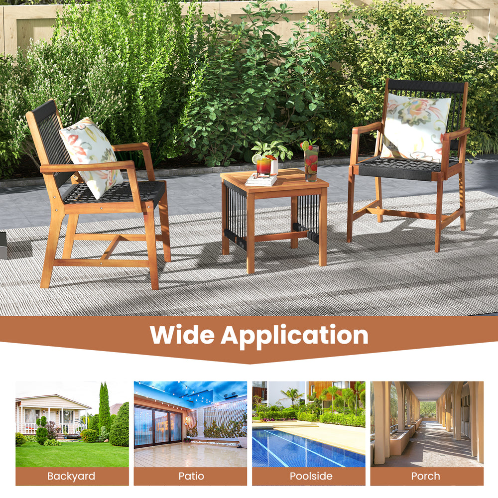 Acacia wood patio furniture set featuring two armchairs and a coffee table, ideal for backyard or porch relaxation.