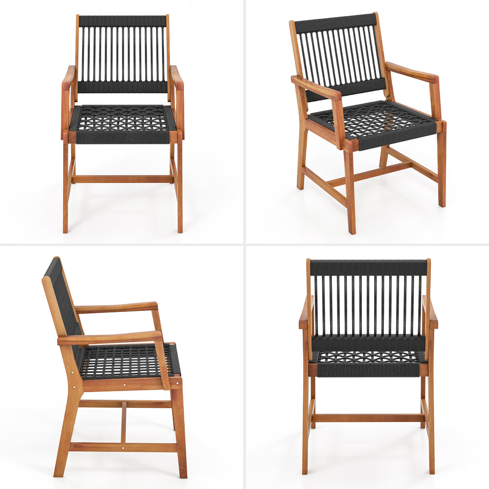 Acacia wood armchair with black all-weather plastic rope, designed for comfort and stability in outdoor settings.