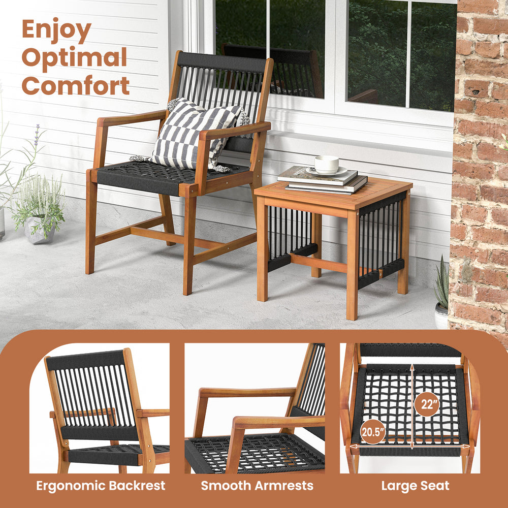 Acacia wood patio armchair with ergonomic backrest and smooth armrests, perfect for outdoor relaxation.