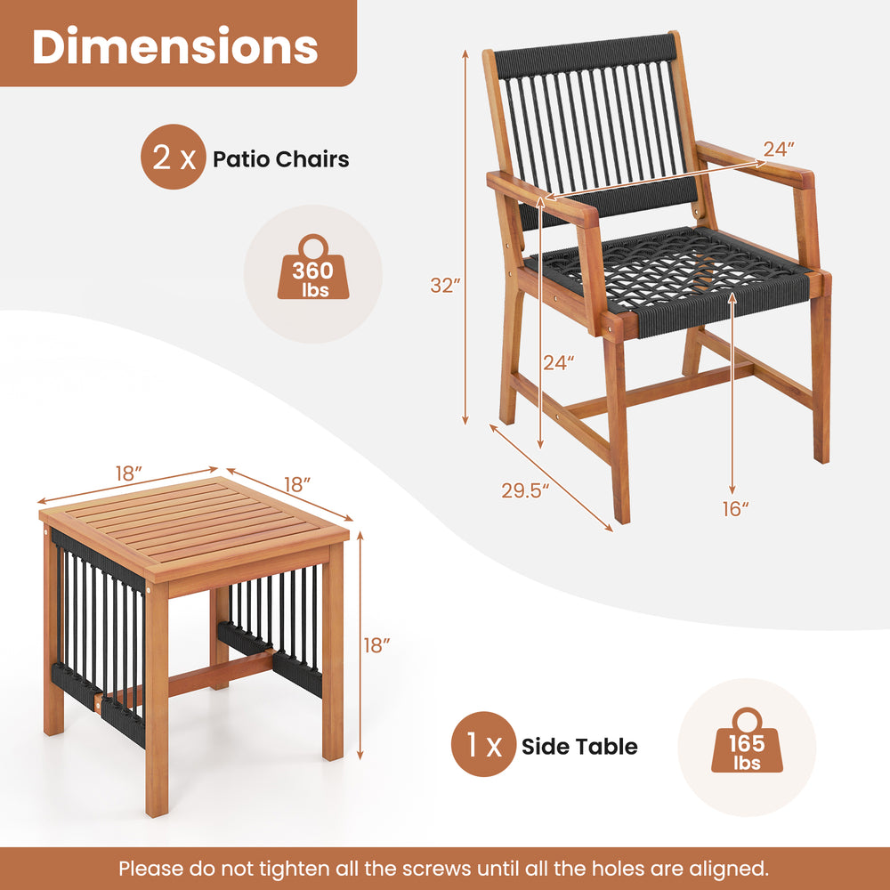 Acacia wood patio furniture set featuring two armchairs and a side table, perfect for outdoor relaxation.