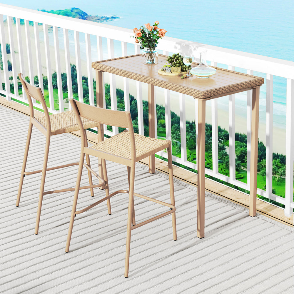 Patio bar table set featuring a height table and two armless chairs, perfect for outdoor relaxation by the poolside.